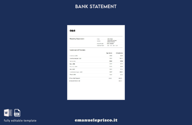 stile verificato USA Un modello di pagine di parole di estratto conto bancario